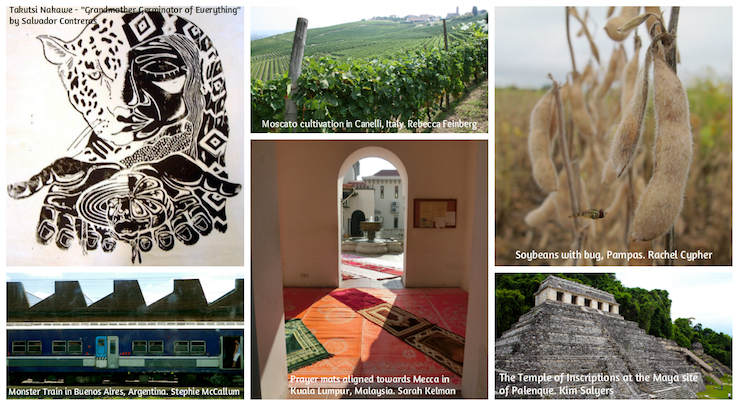 Collage of students' work: artwork, wine fields, soy beans, train, prayer mats, and Mayan temple
