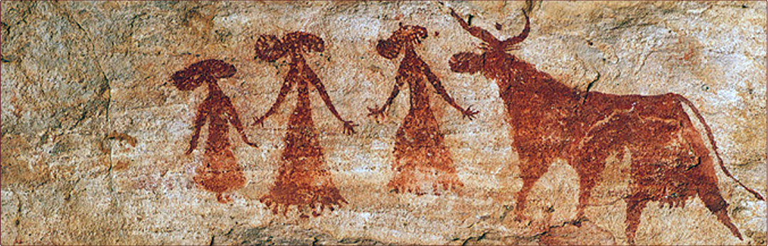 Cave drawing with people and animal